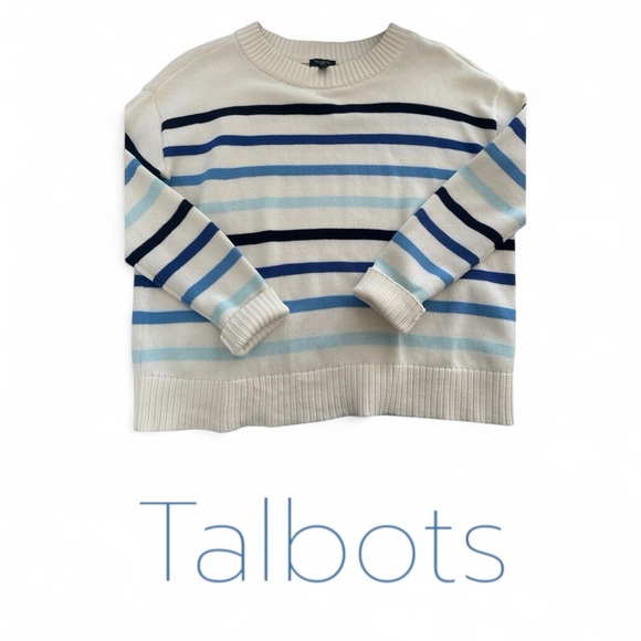 Talbots Sweaters - Talbots Cream and Blue Boxy 💯 Pima Cotton Striped Sweater